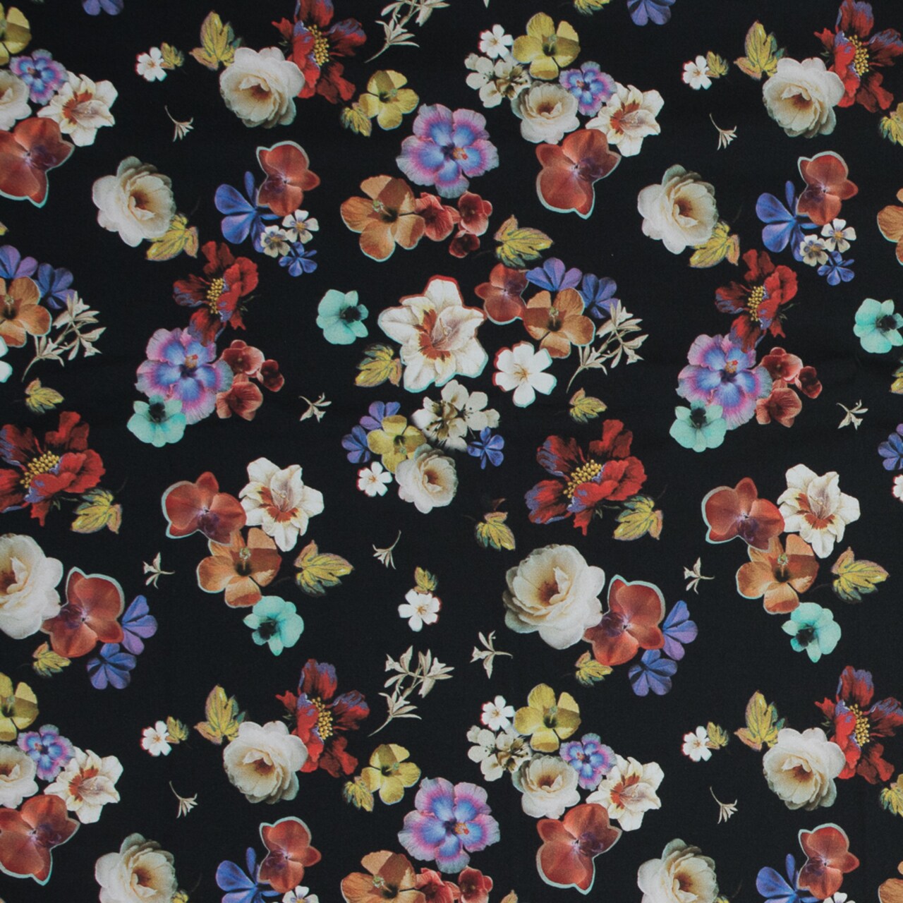 1 Yard Black Floral Pressed Flower Perfection Stretch Cotton Sateen Fabric